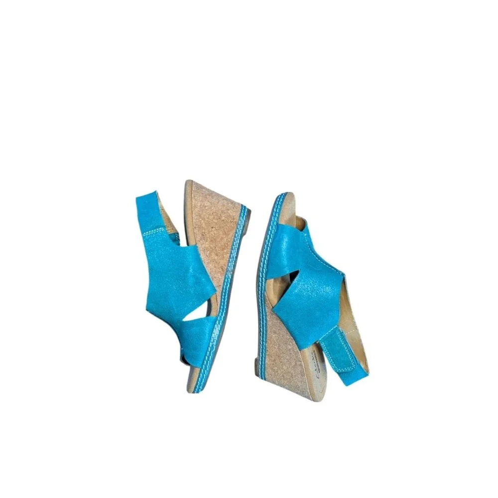 Clarks Helio Float blue leather slingback Cork Wedge Sandals size 6 Comfort